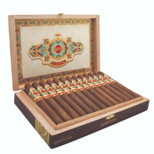 A wooden box of 25 Ashton Symmetry Robusto cigars