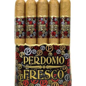 Five gold-wrapped Perdomo Fresco cigars in a black band with a repeating pattern.