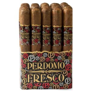 A box of Perdomo Fresco cigars, featuring a dark brown wrapper and a patterned band with the brand name.